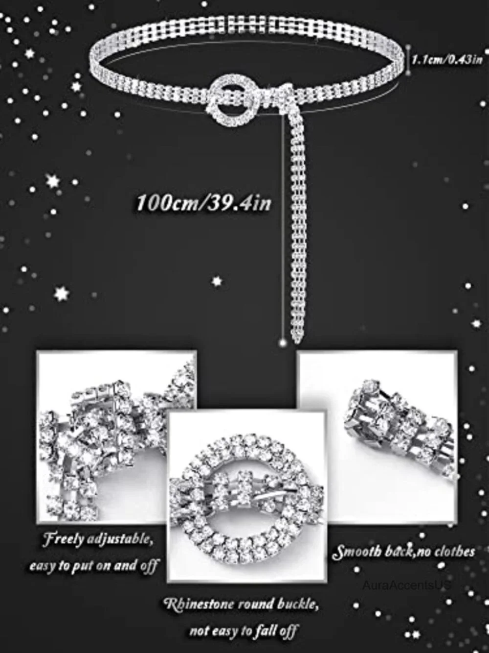 2 Stretchy Rhinestone Glitter Belts O Ring Buckle Bling Dress Belts
